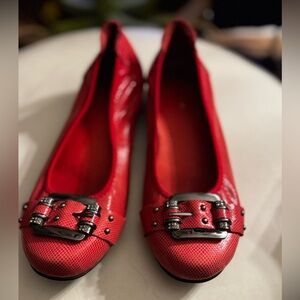 Red Leather Flats with Buckle Detail